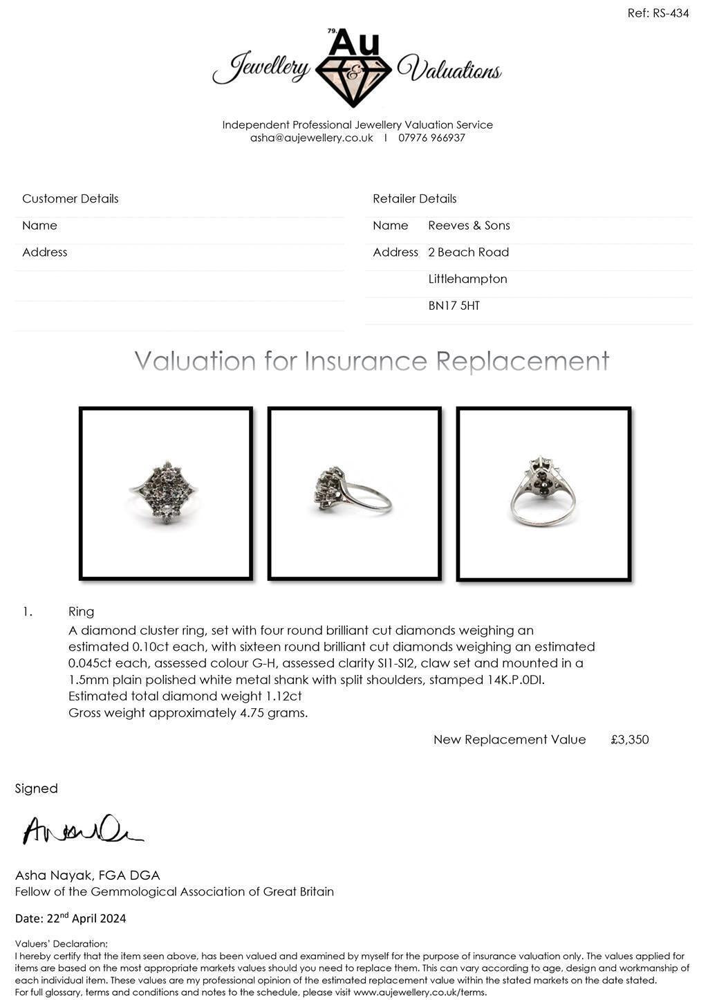14ct white gold 1.12 carat diamond cluster ring