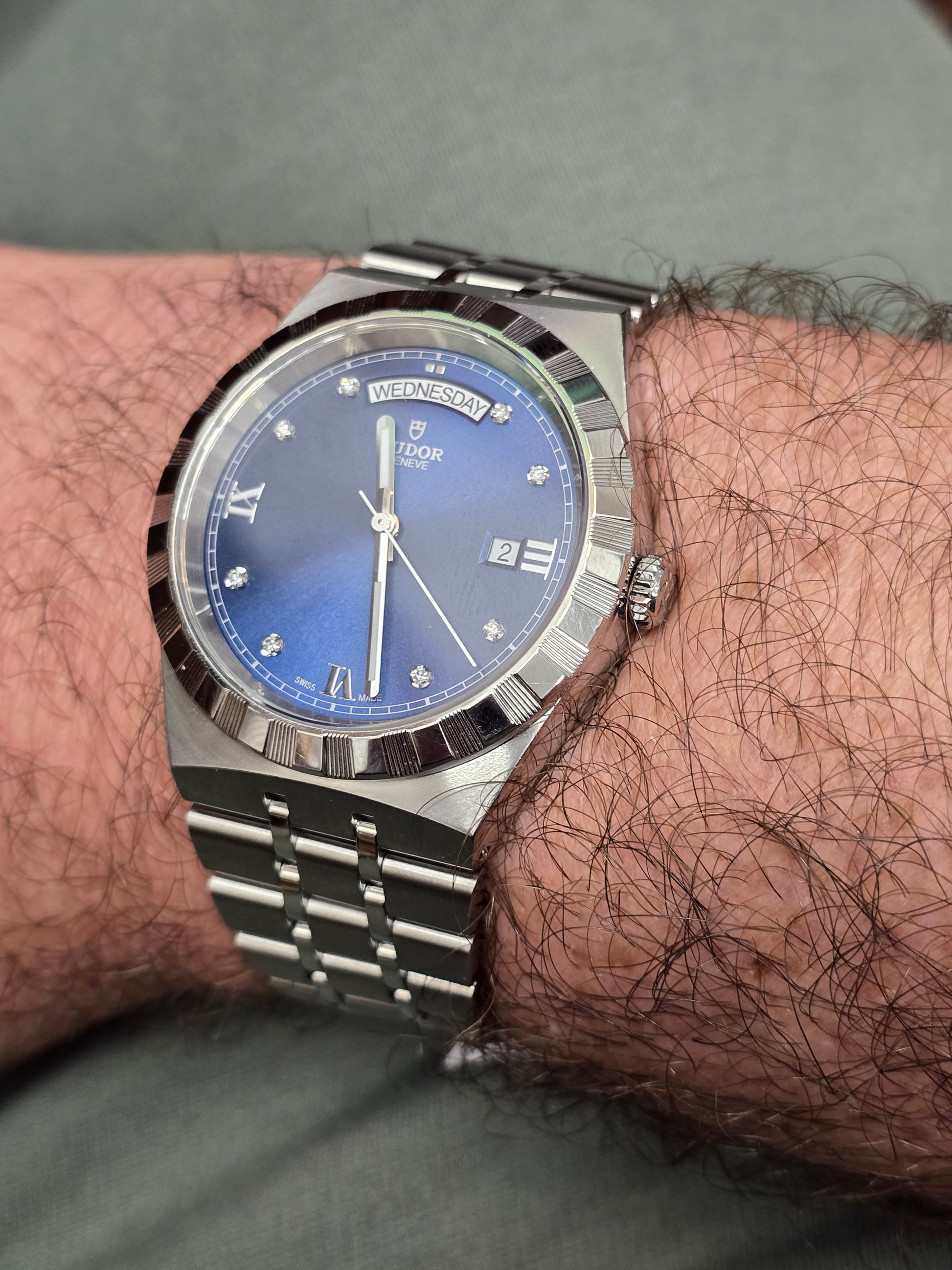 Reeves and Sons Tutor Royal Day Date Diamond Watch Model 28600 with diamond accents and stainless steel band, 2021.