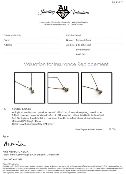 9ct yellow gold with 0.25 carst diamond pendant and 9ct chain sh24990l